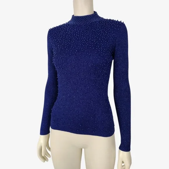 Vintage 1980s Blue Metallic Silk Beaded Stretch Knit Mock Neck Sweater - Picture 4 of 12